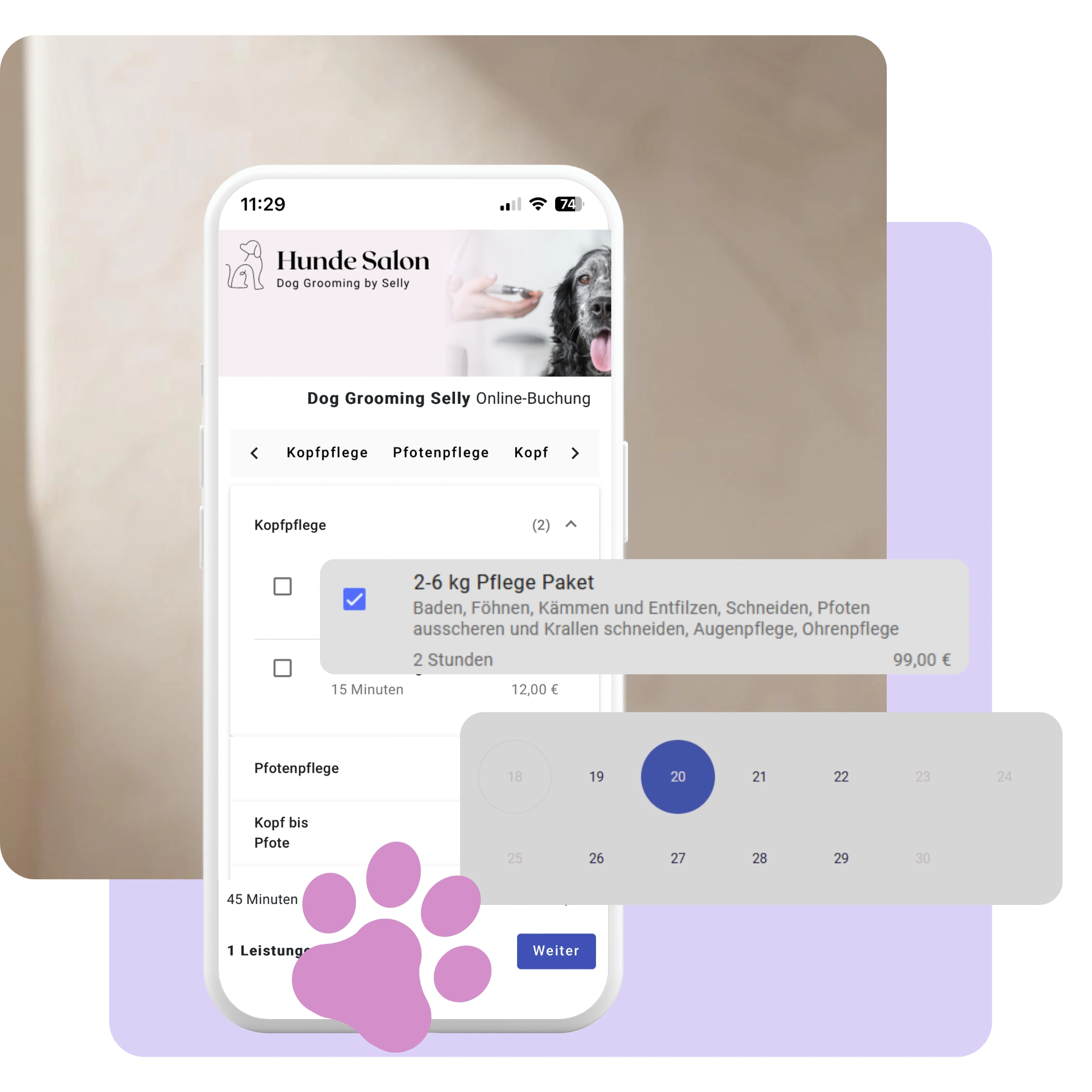 Online-Buchungssystem für Hundesalons auf dem Smartphone