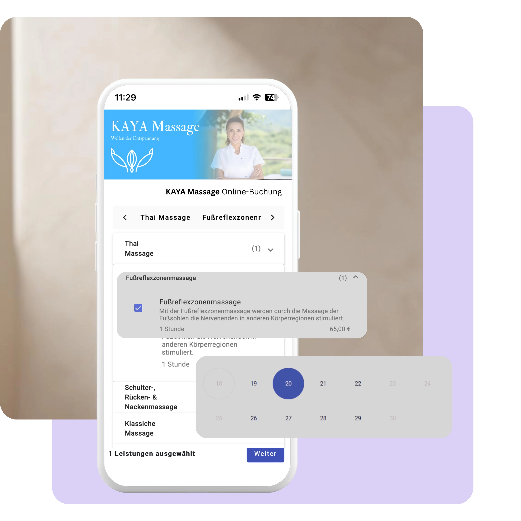 Online-Buchungssystem für Massagestudios auf dem Smartphone
