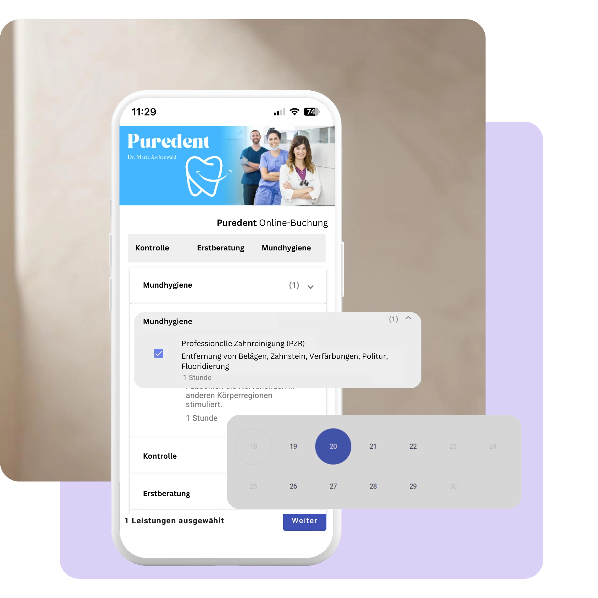 Online-Terminbuchung für Zahnarztleistungen wie Kontrolle oder Zahnreinigung