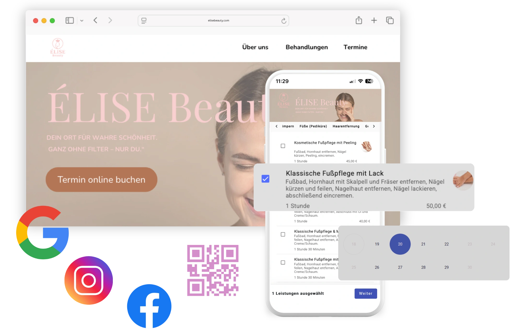 Buchungsmaske für Onlinekalender auf Website, Google und Social Media
