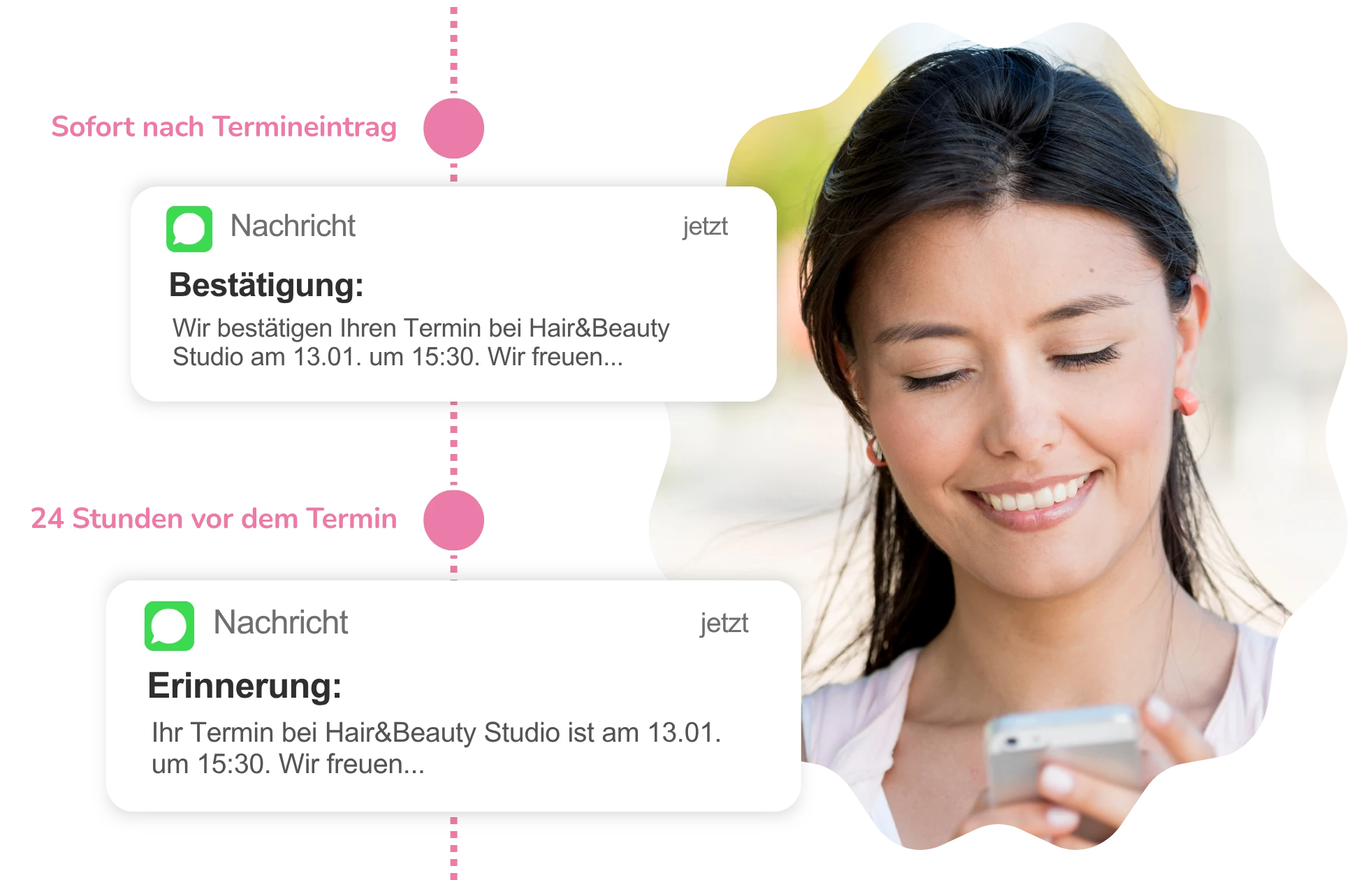 Kundin erhält automatische Terminerinnerung und Terminbestätigung per SMS auf ihrem Smartphone