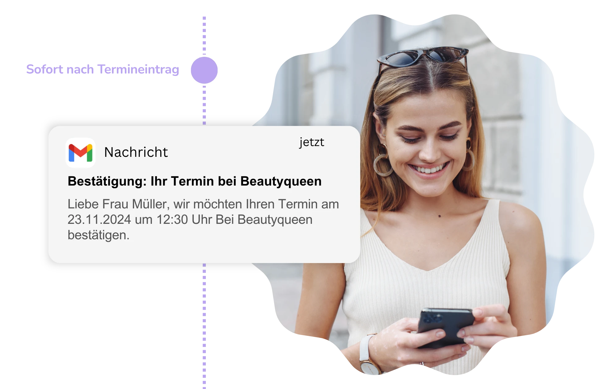 Kundin erhält automatische Terminbestätigung per E-Mail oder SMS nach Terminbuchung