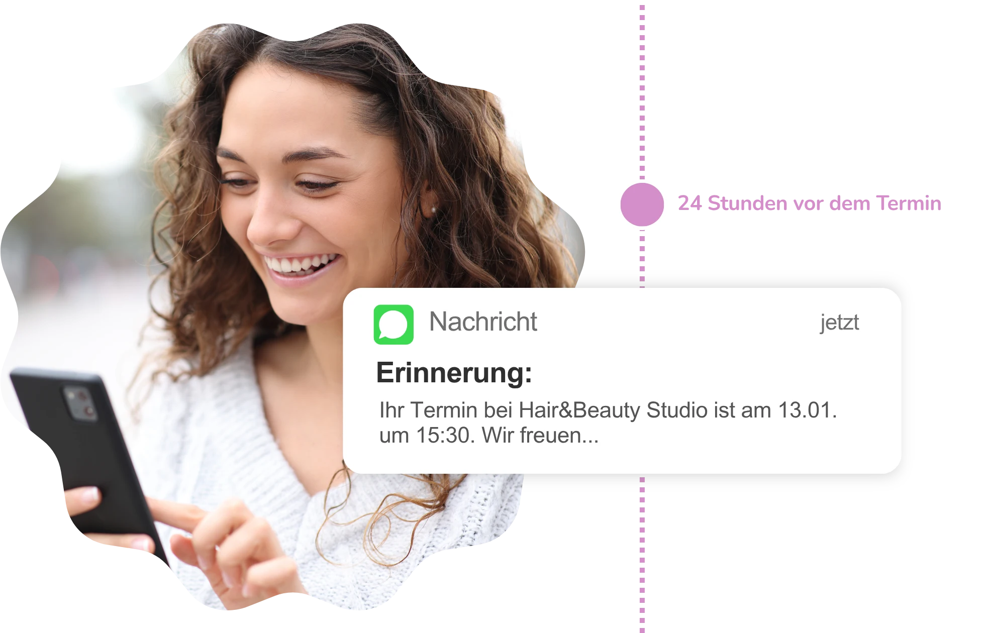 Kundin erhält automatische Terminerinnerung per SMS oder E-Mail 24 Stunden vor dem Termin