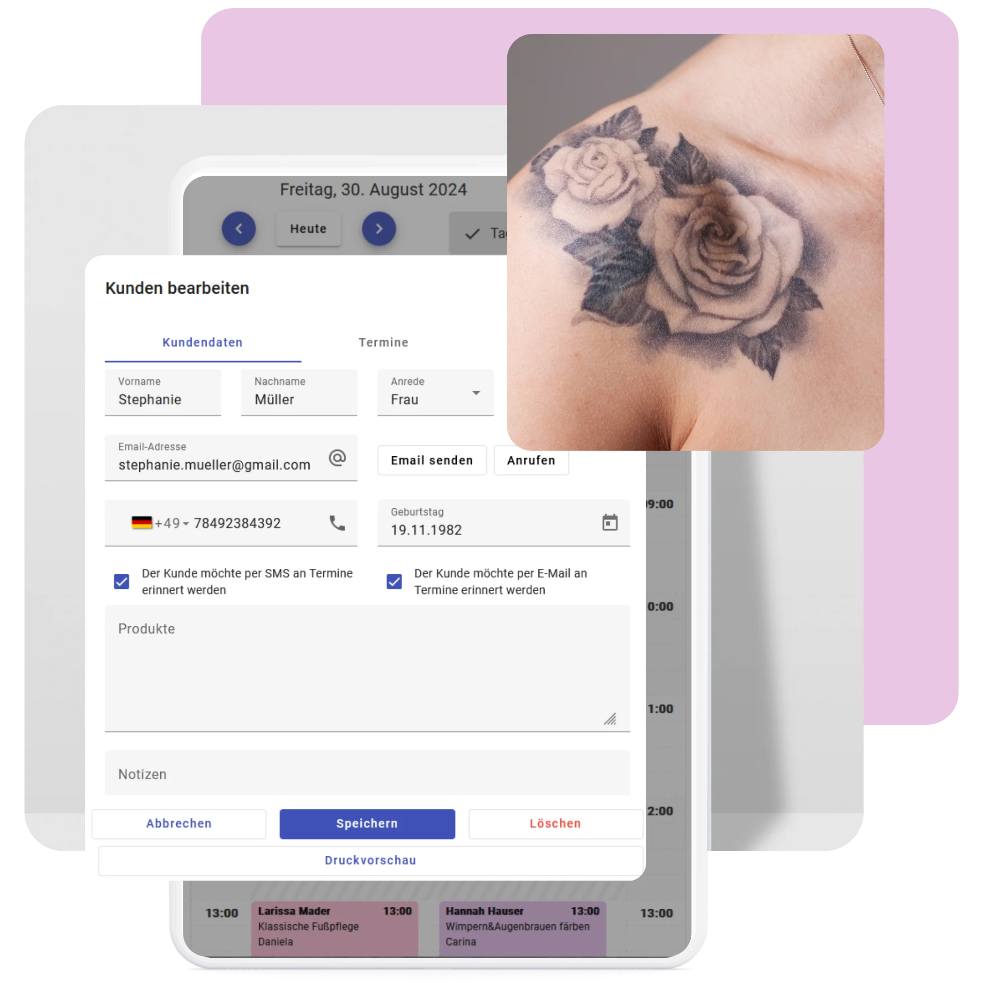 Digitale Kundenkartei mit Daten, Notizen und Motivinfos im Tattoostudio