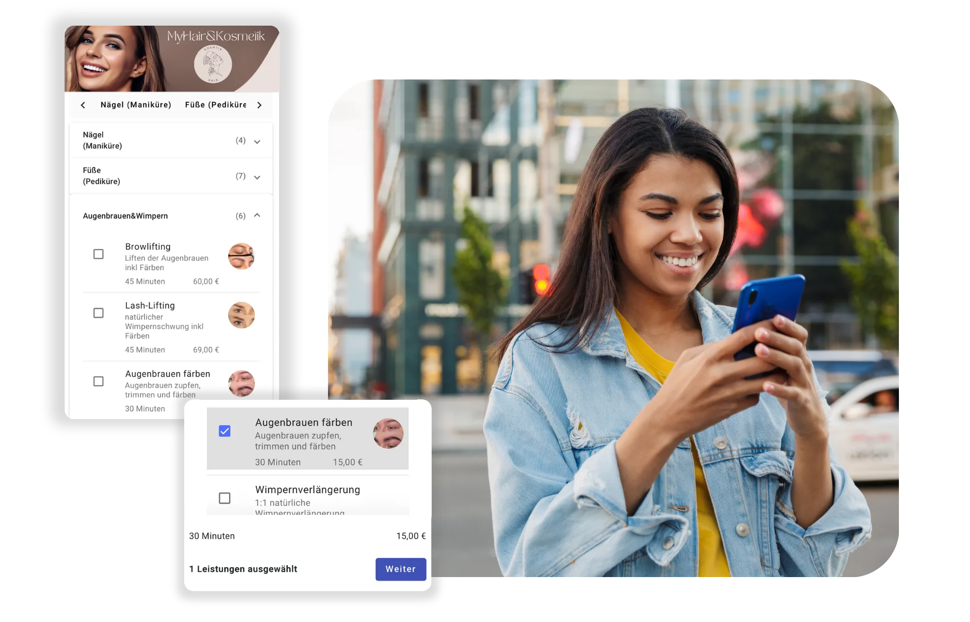 Kundin bucht online einen Termin über den Onlinekalender – jederzeit und unterwegs