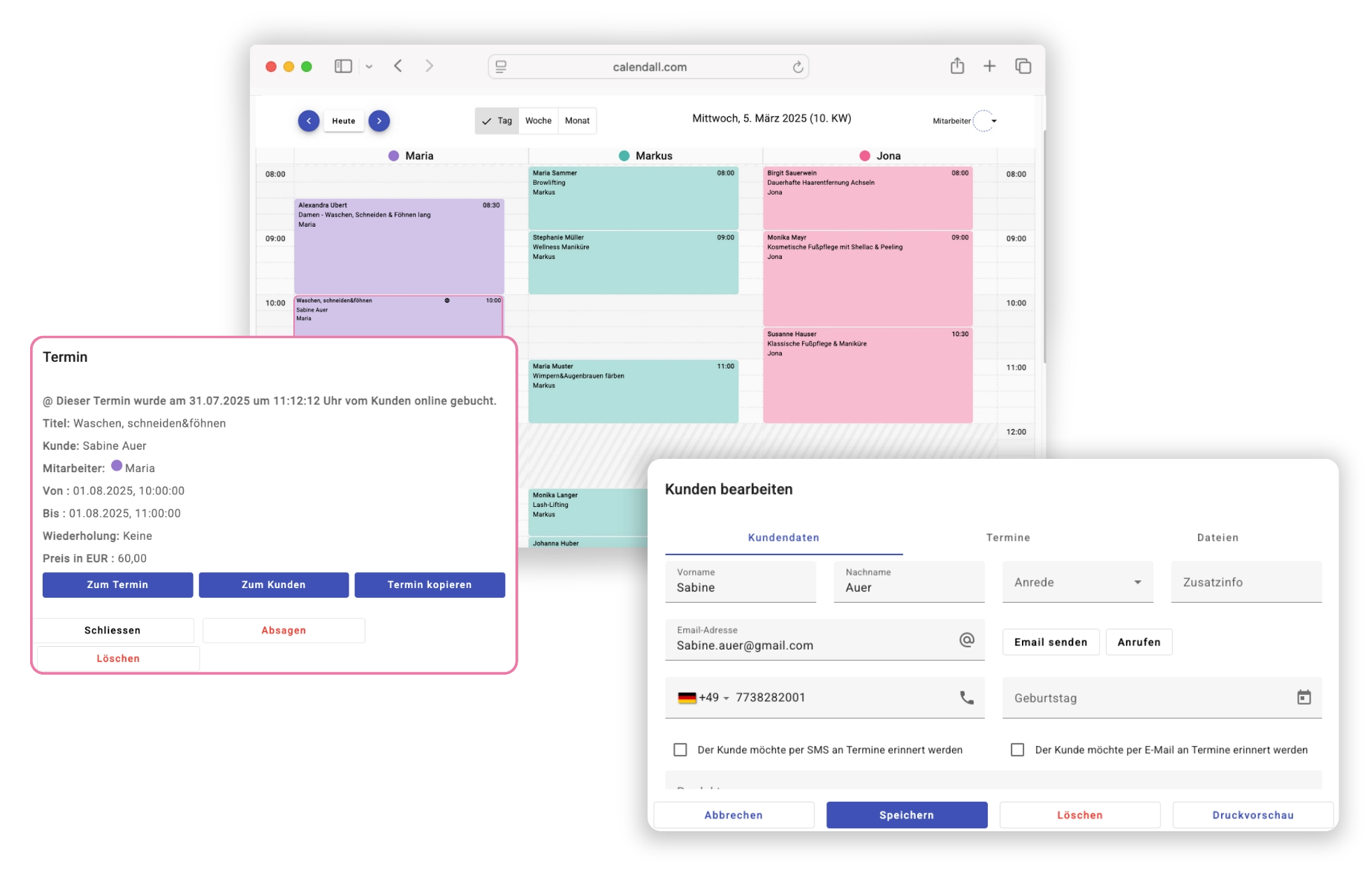 Automatisch verknüpfter Onlinekalender mit Kundenkartei und Buchungsübersicht