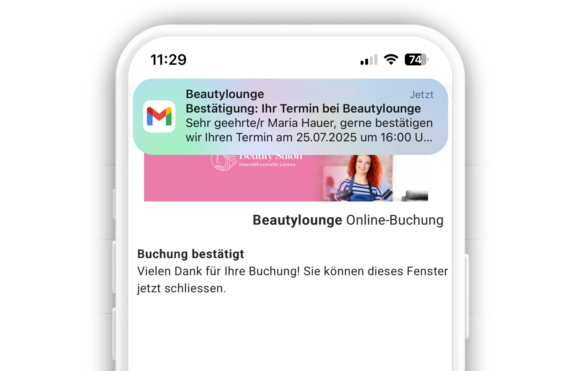 Automatische Terminbestätigung mit Termininformationen bei Onlinebuchung