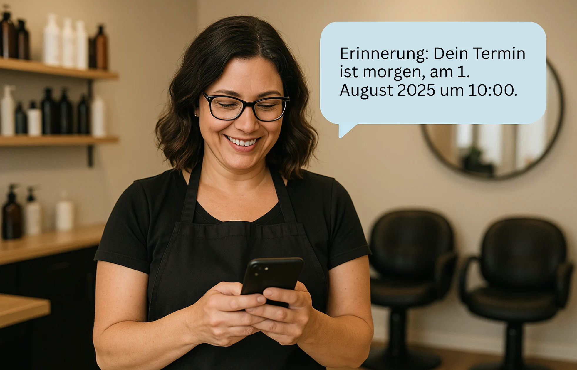 Eine Salonbesitzerin am Smartphone, die eine Termin-Erinnerungsnachricht versendet