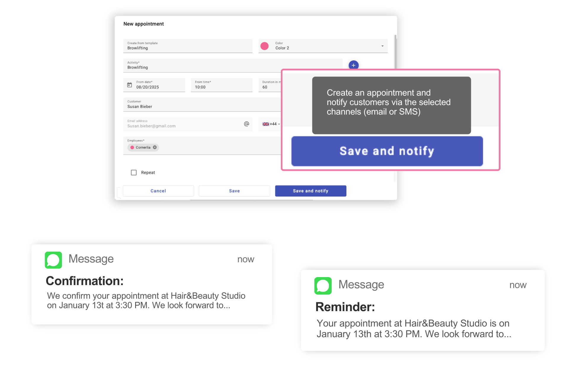 Automatic appointment reminders and confirmations via SMS or email in salon software