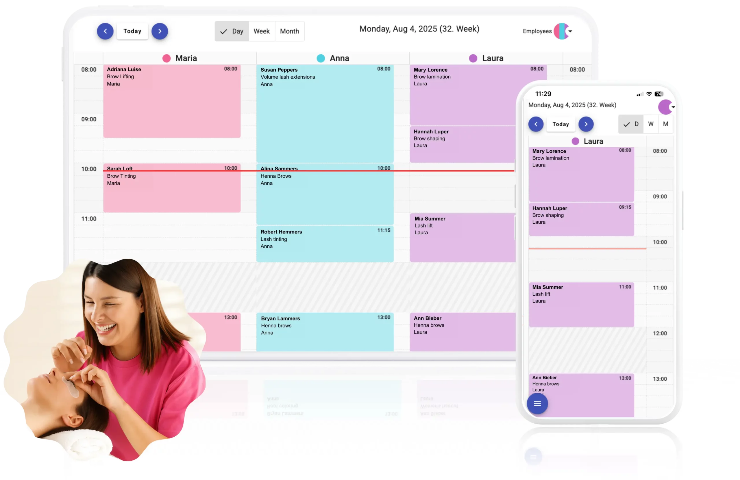 Online calendar view for Brow & Lash Studios on desktop and mobile – perfect for brow bars, lash artists & beauty professionals.