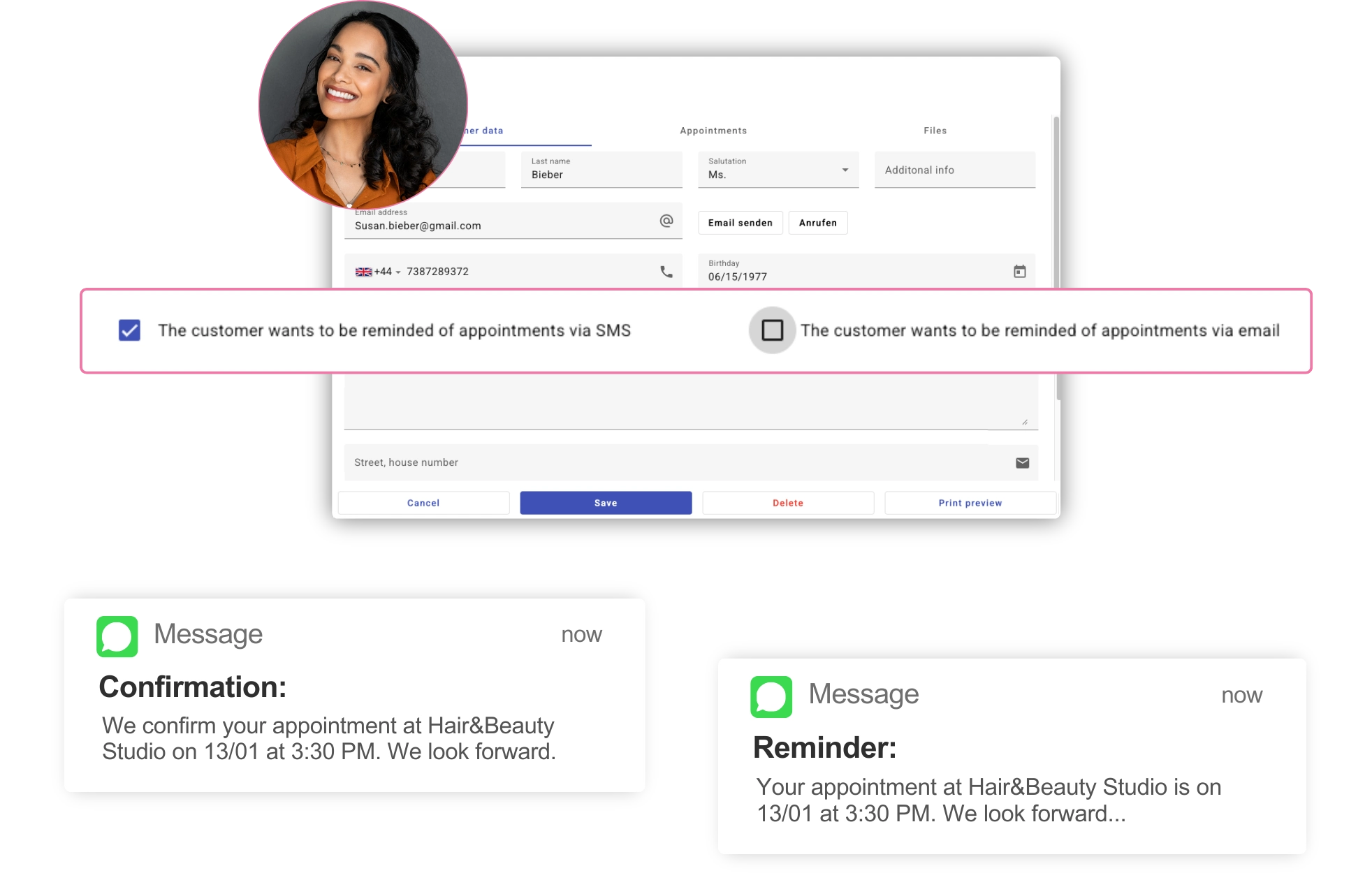 Customizable appointment reminders via SMS or email in client database for beautysalons