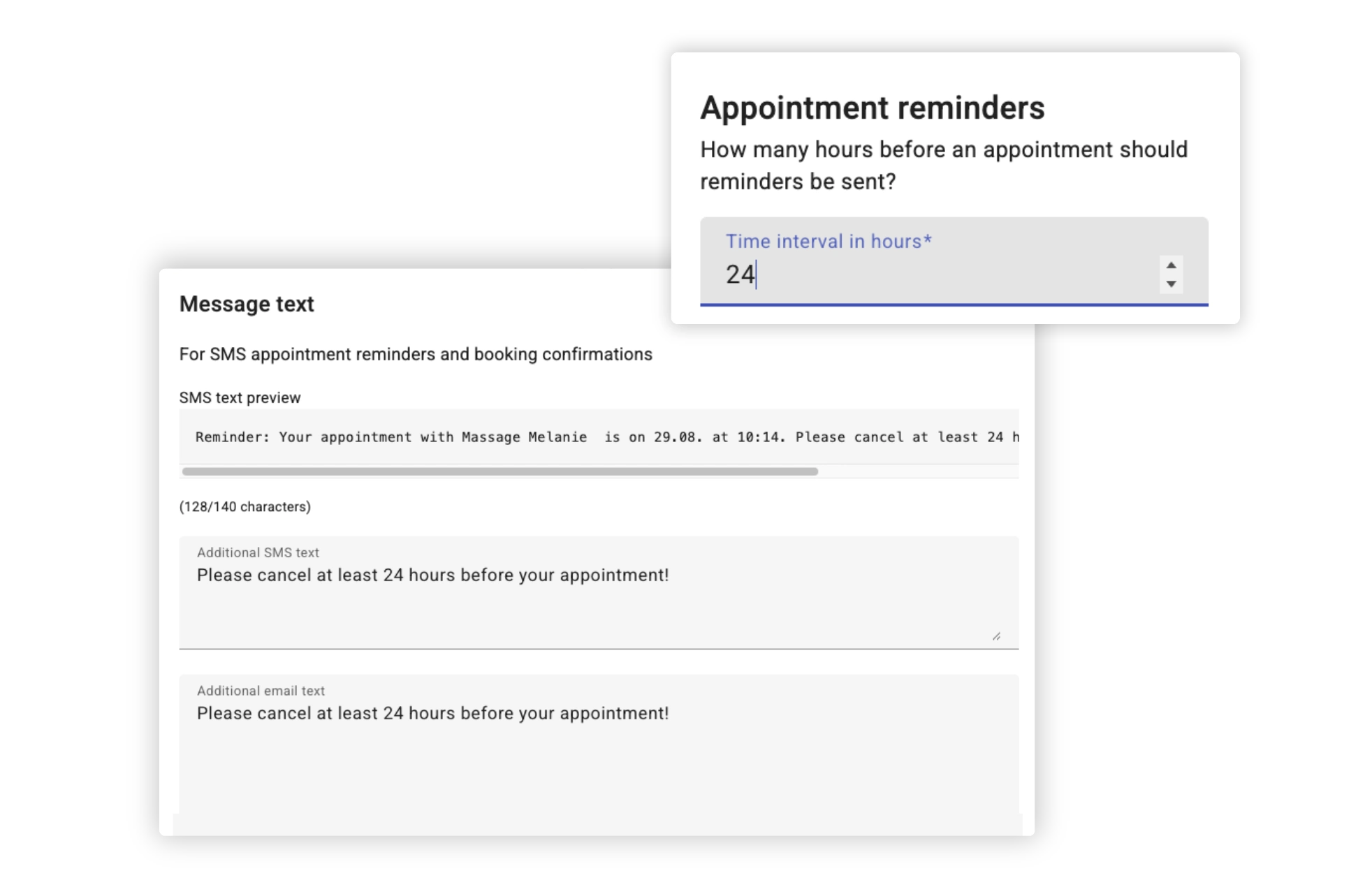 Customizable appointment reminders and confirmations via SMS or email for salons and studios