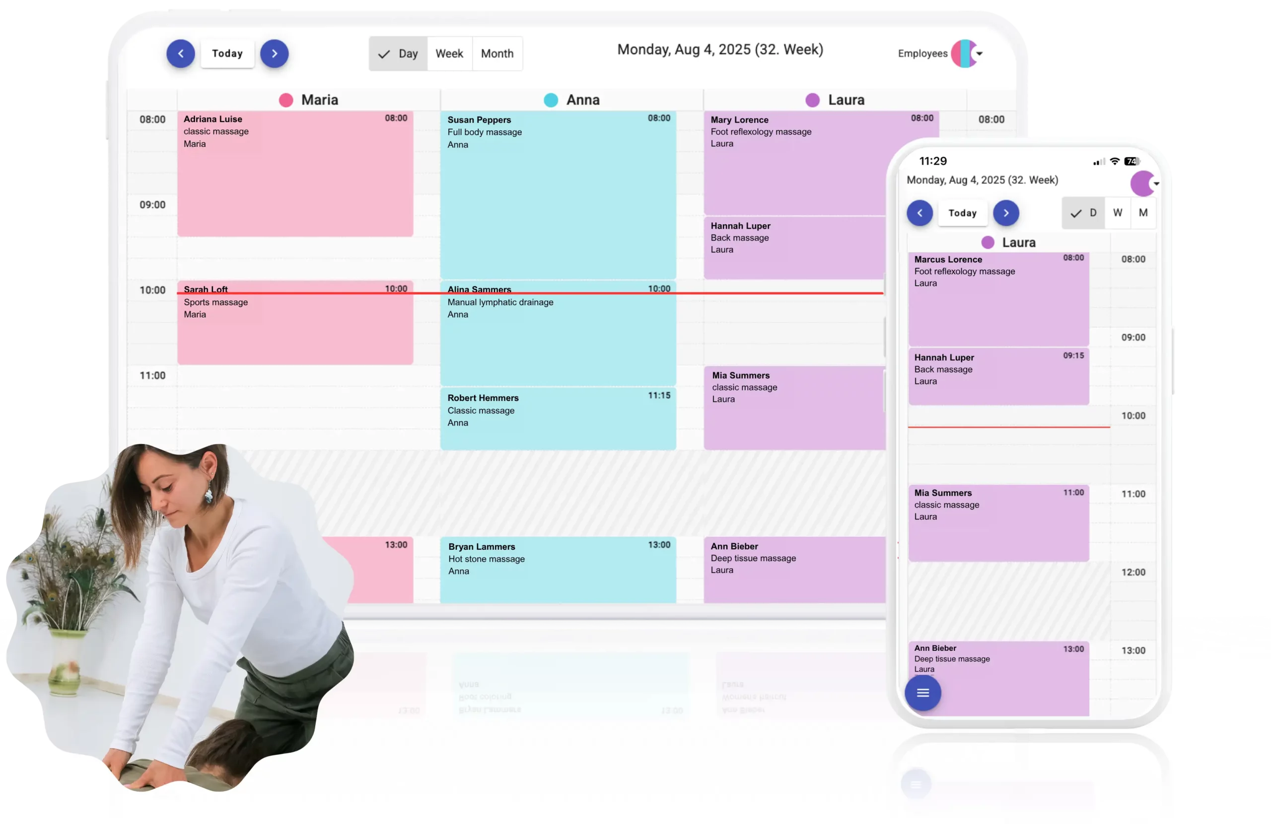 Online calendar software for massage studios shown on desktop and mobile screens, used by massage therapists for client scheduling.
