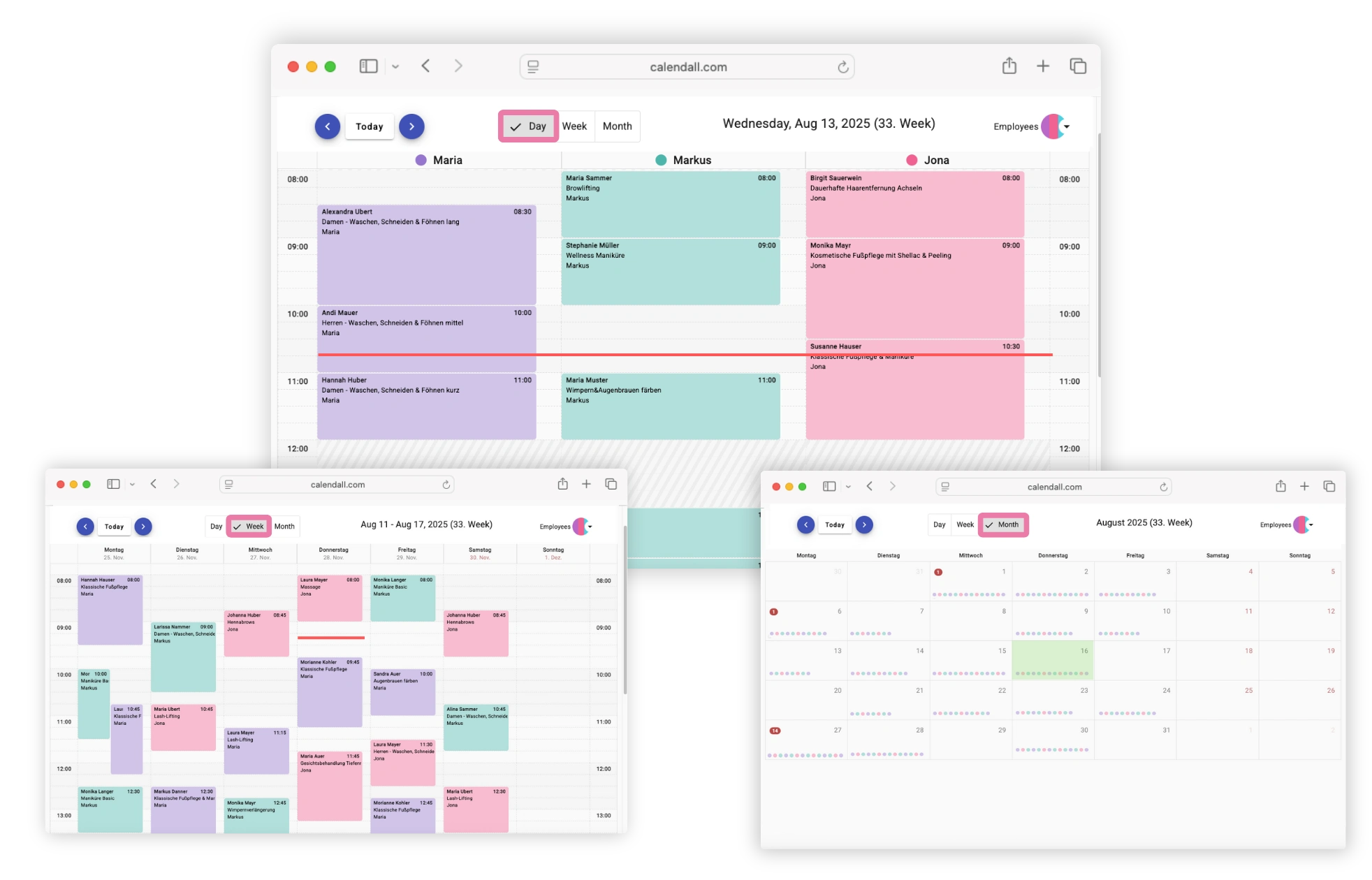 Online appointment calendar with day, week, and month view – flexible scheduling software for salons and studios