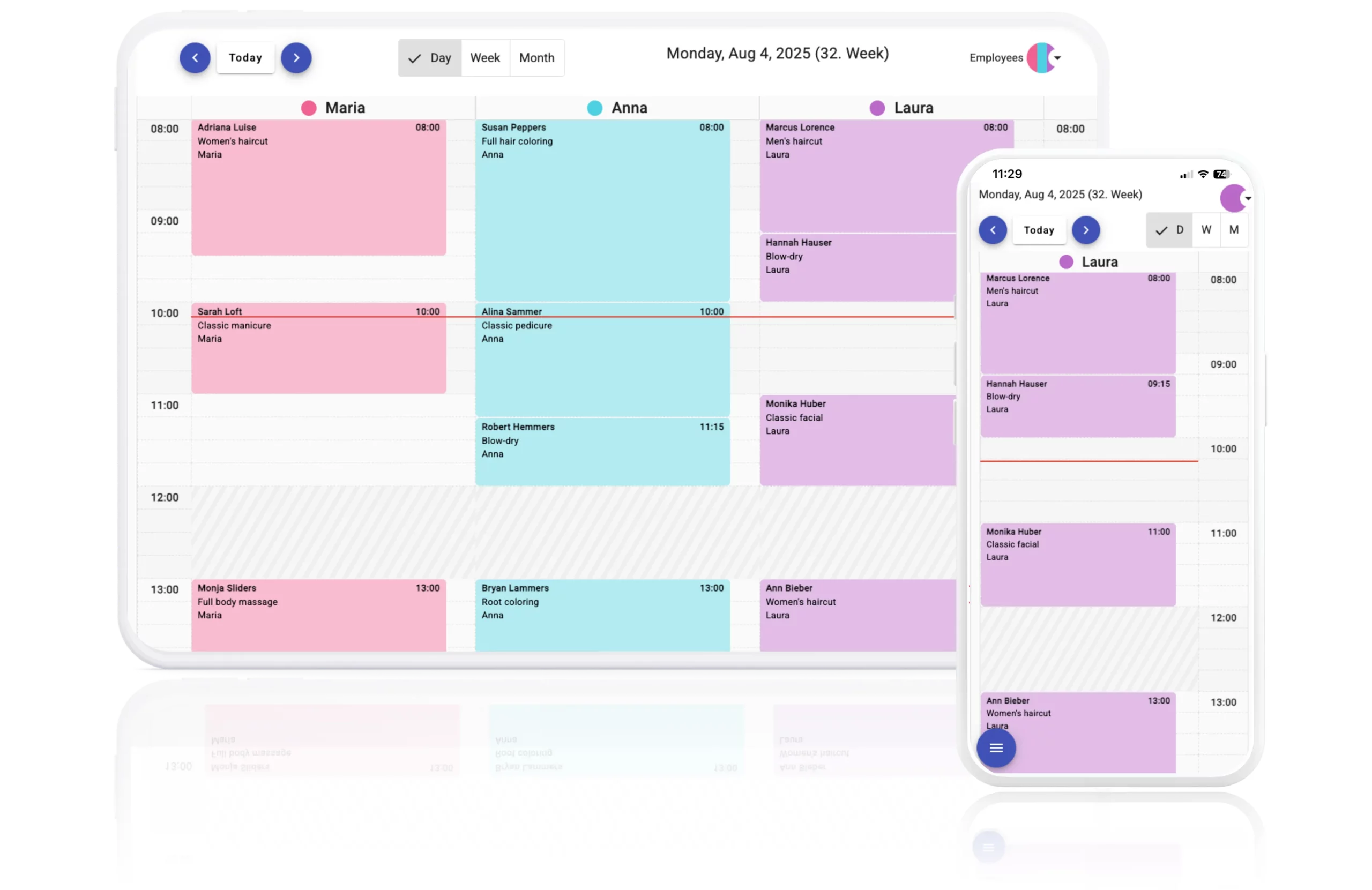 Online appointment planner and calendar software for beauty and hair salons displayed on desktop and mobile screens.