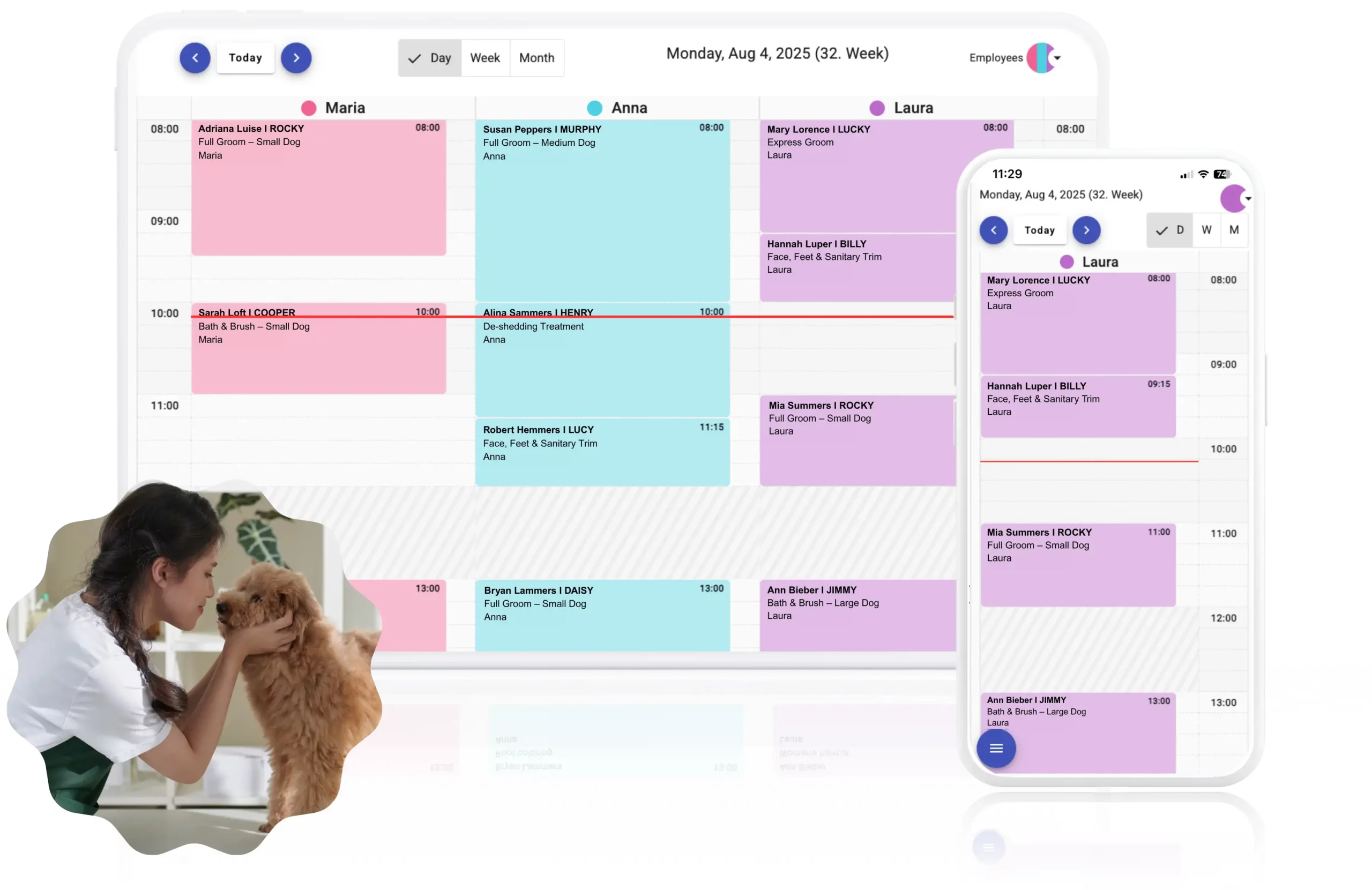 Online appointment planner and calendar software for dog groomers and pet salons, shown on desktop and mobile screens