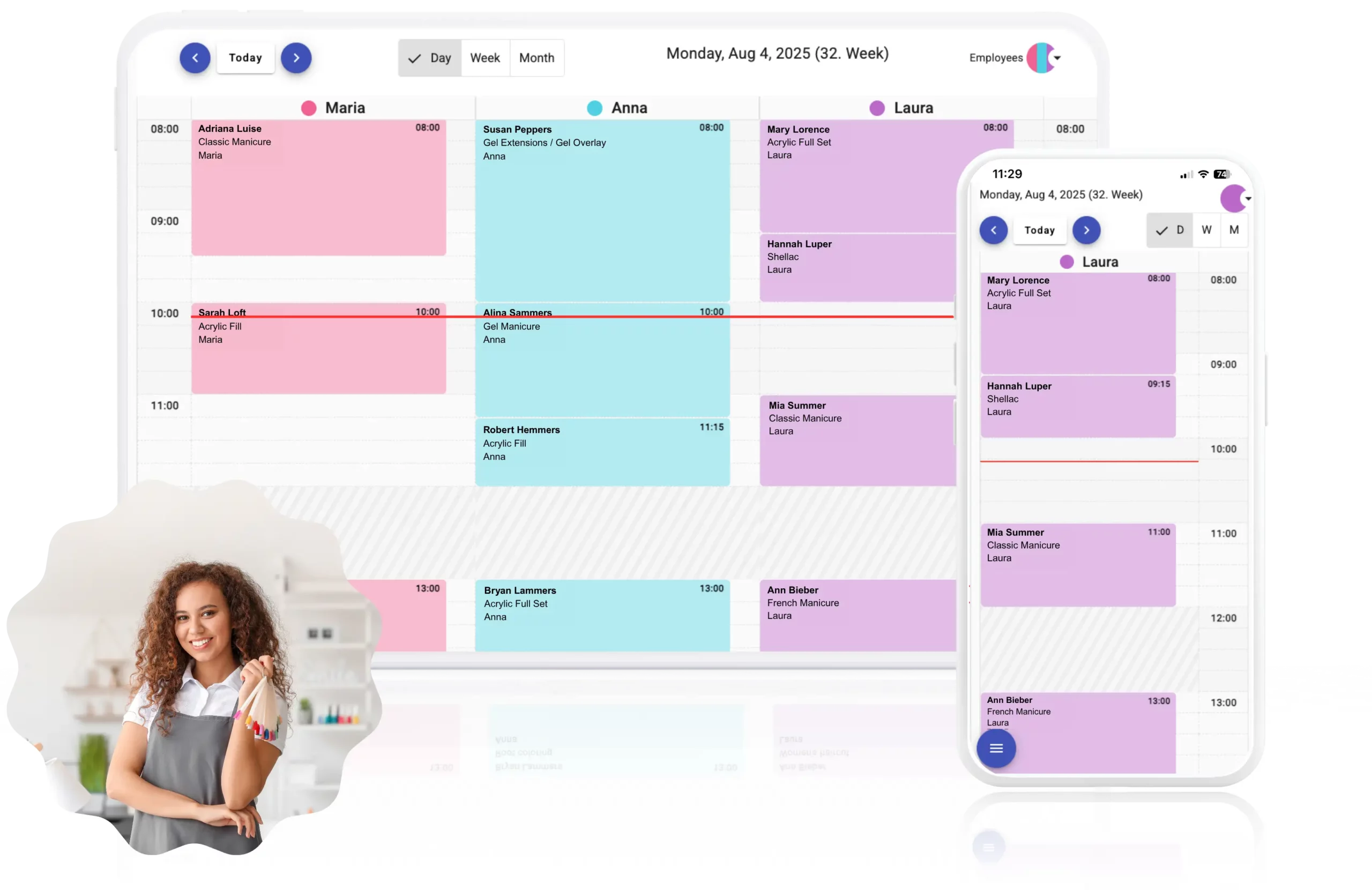 Online appointment planner and calendar software for nail salons and manicurists – view of scheduling interface on laptop and smartphone