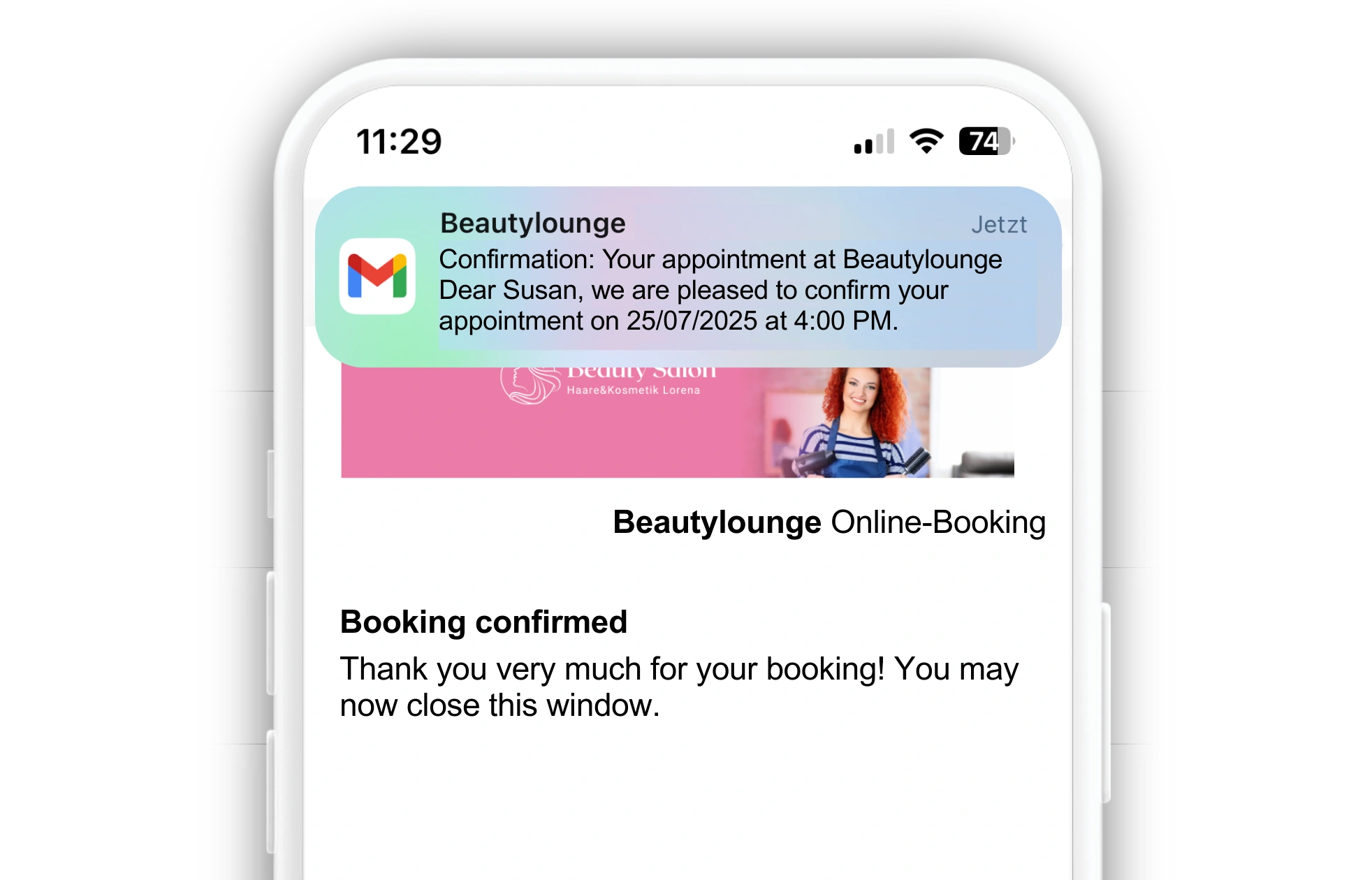 Automatic appointment confirmation and reminders for online bookings for salons and studios