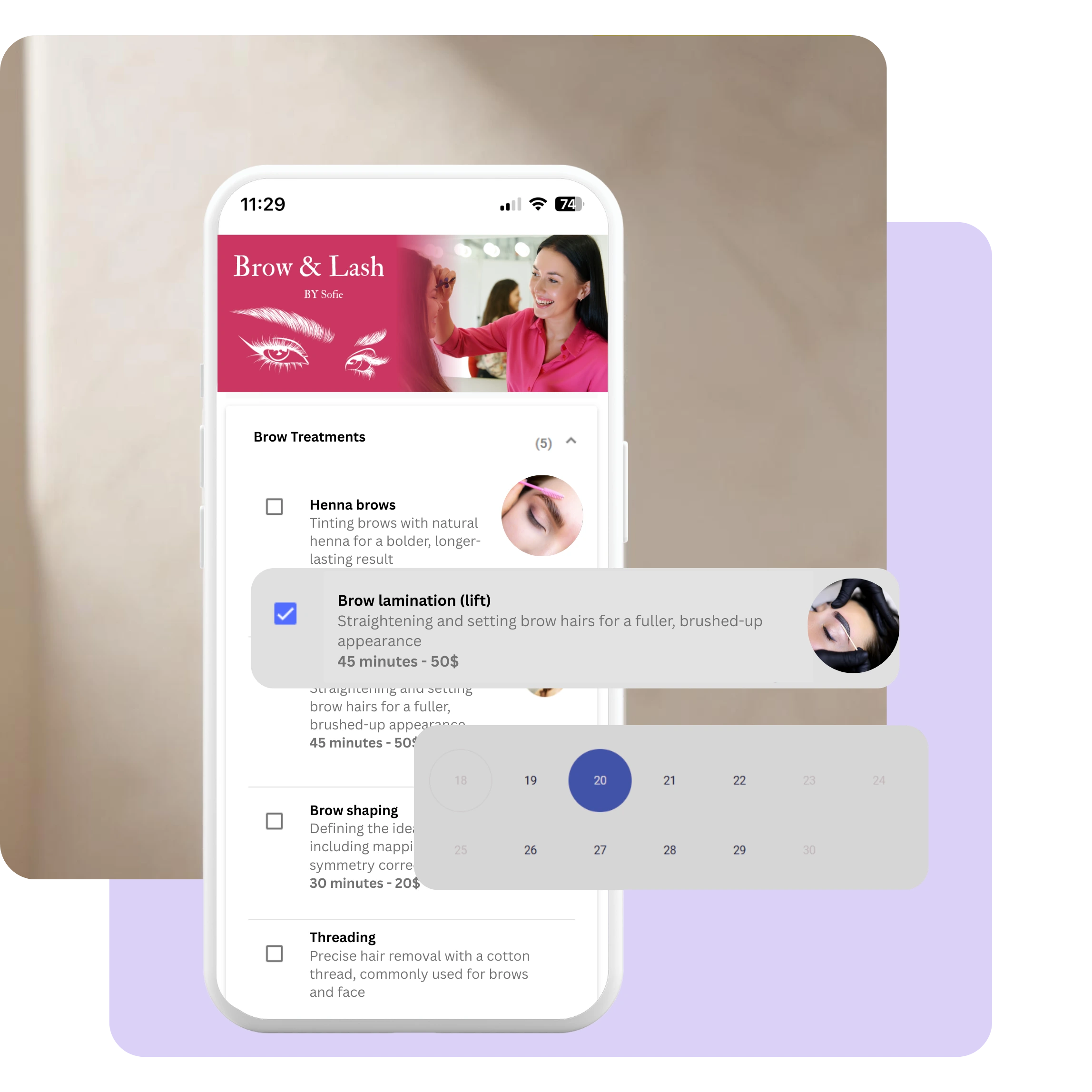 Online booking system for Brow & Lash Studios on smartphone – clients book treatments like lash lifts or brow shaping anytime.