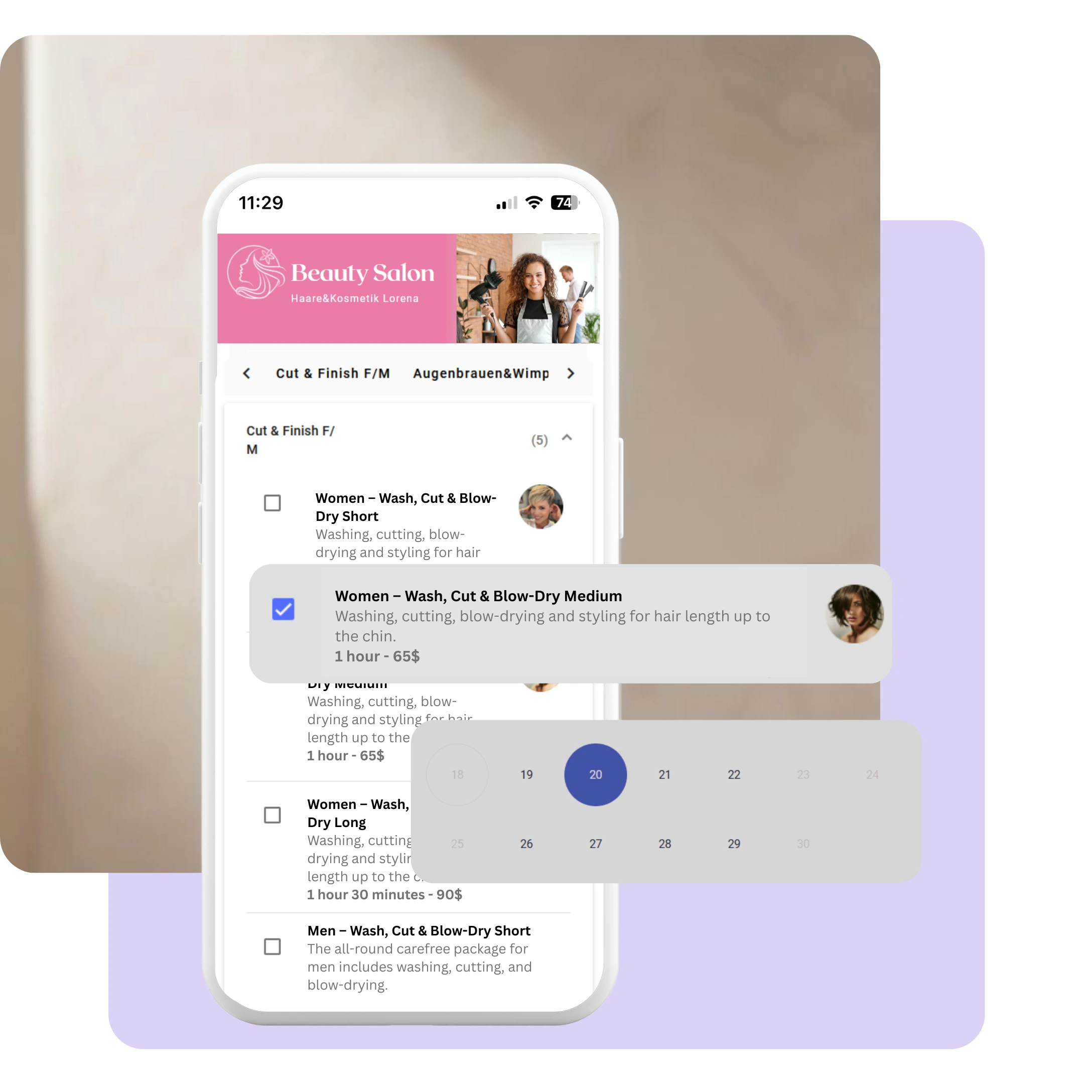 Online booking system for hair salons with service selection on mobile device