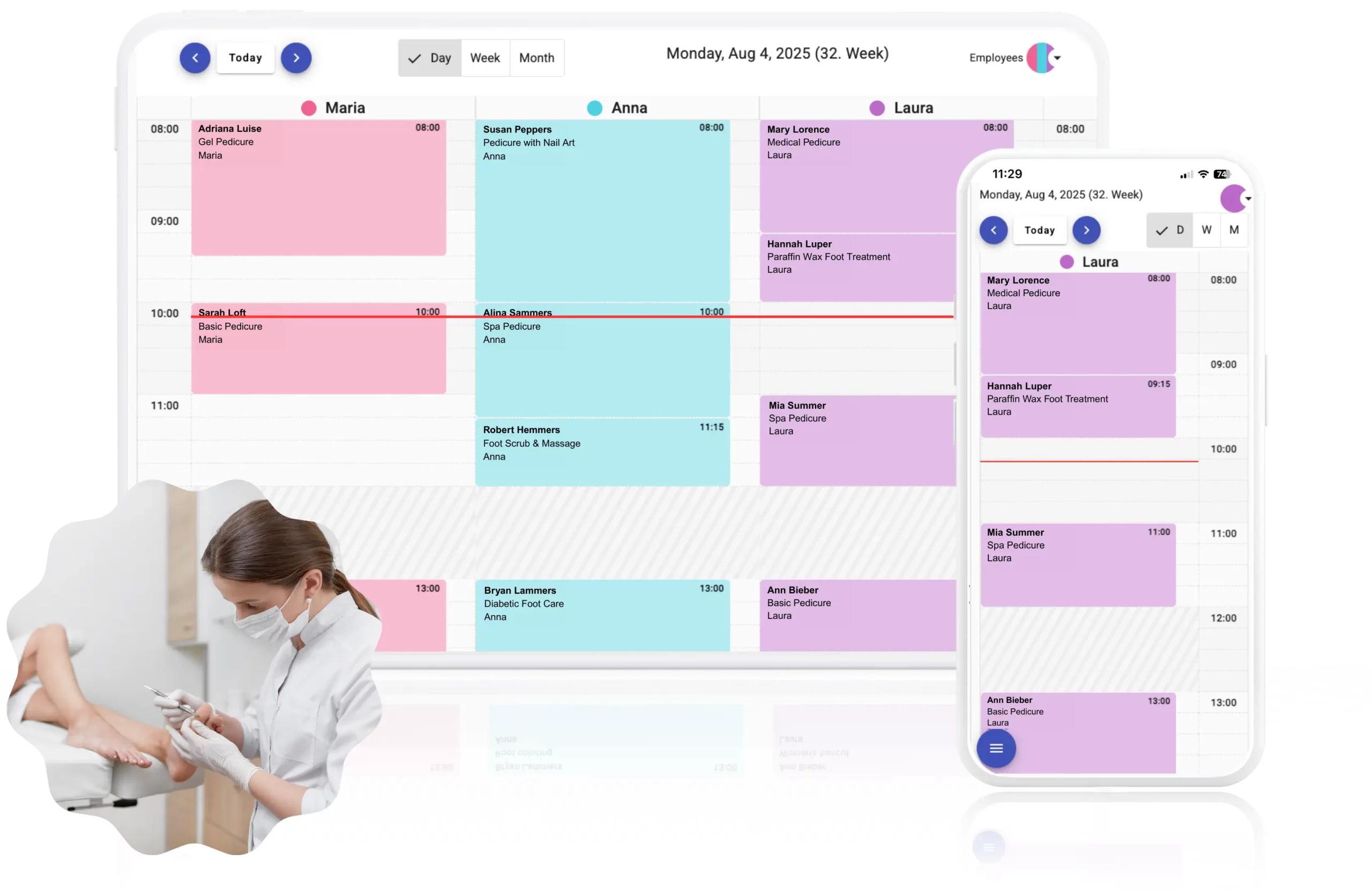 Digital appointment planner for pedicure salons – see all bookings on laptop and smartphone