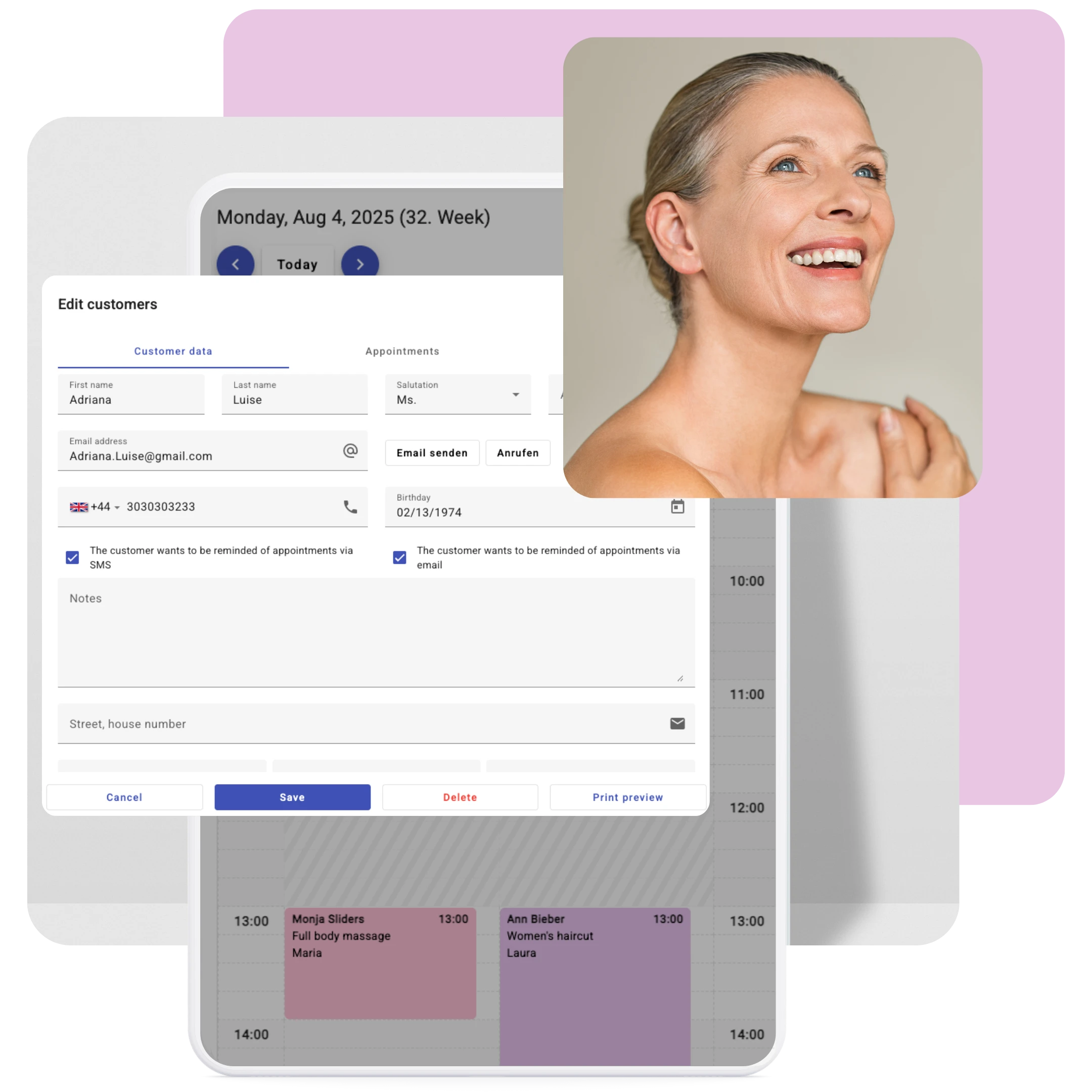 Online client management interface for beauty and hair salons, showing digital client profile with contact details and preferences.