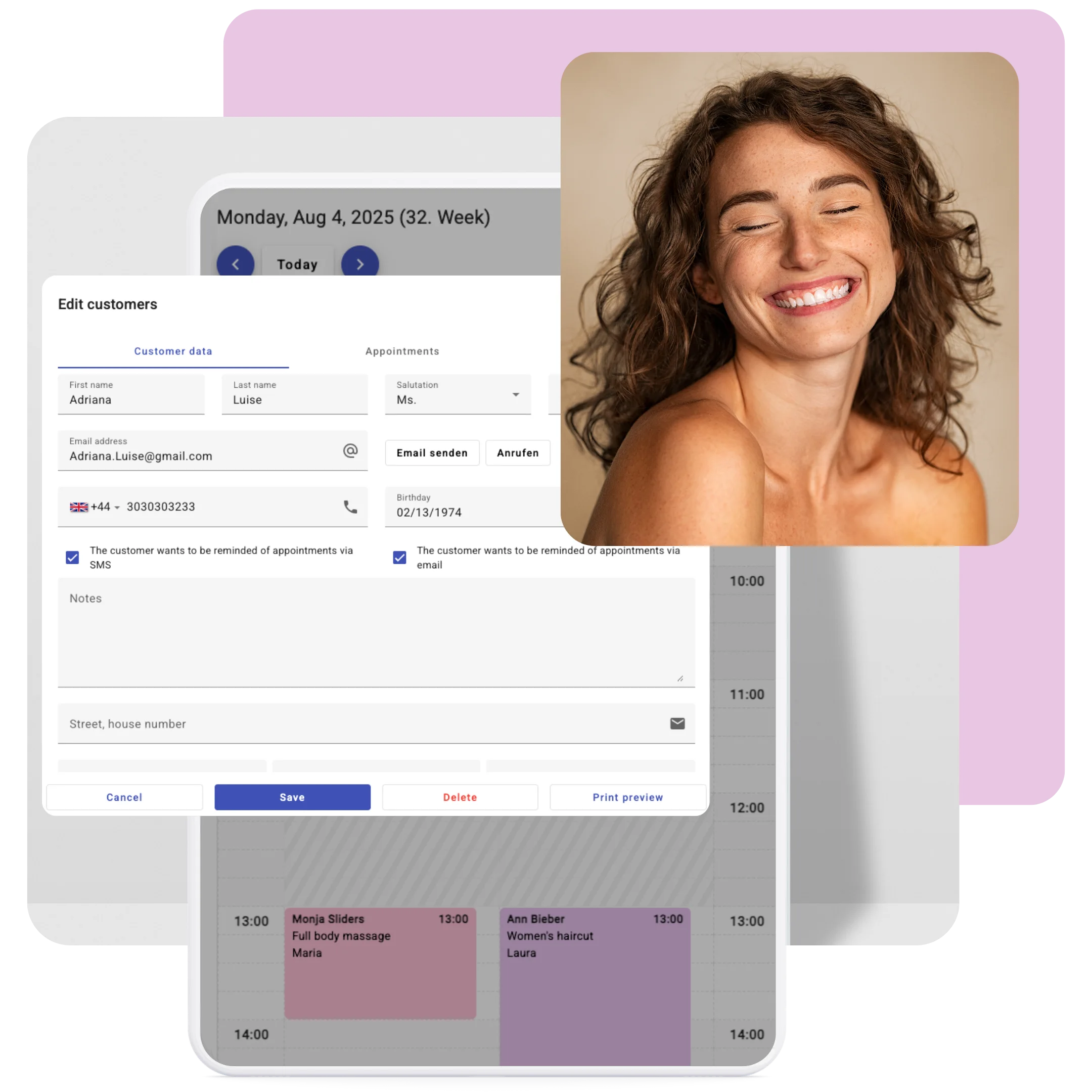 Online client management system for hair salons with customer profile view