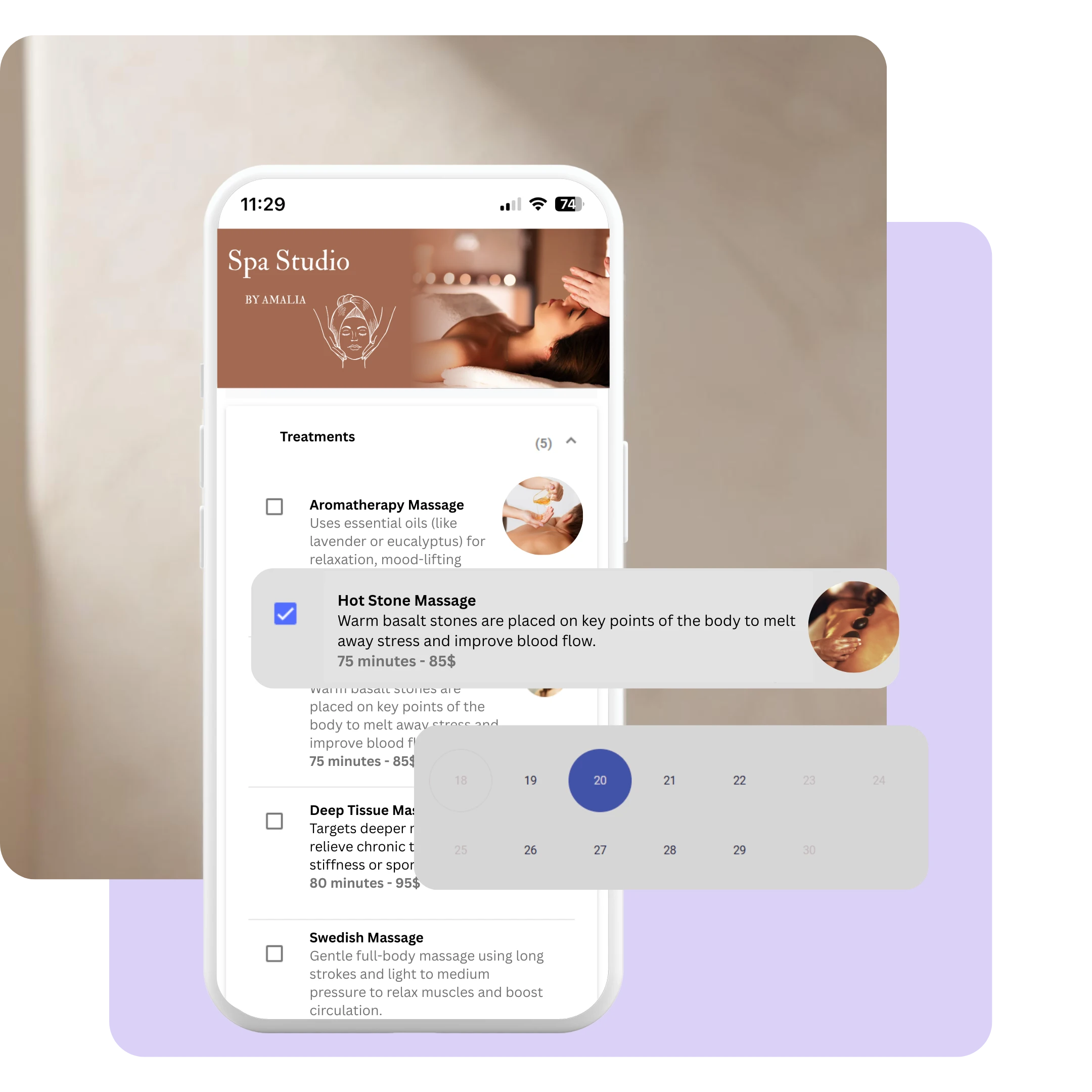 Mobile online booking interface for massage and spa appointments with Calendall