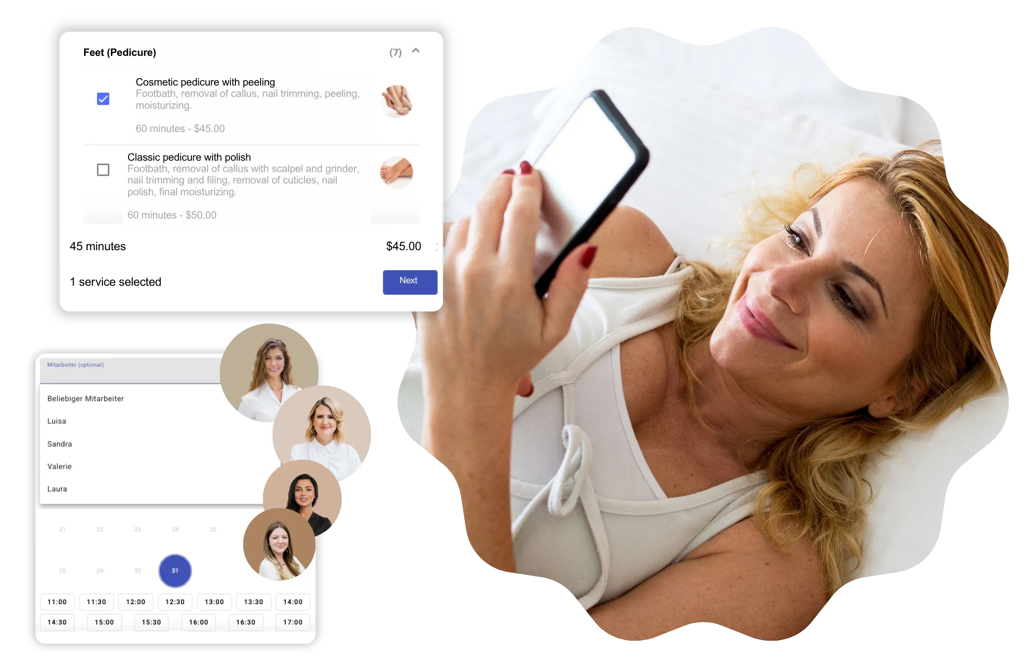 Client booking beauty & wellness appointment online from bed using 24/7 salon booking software