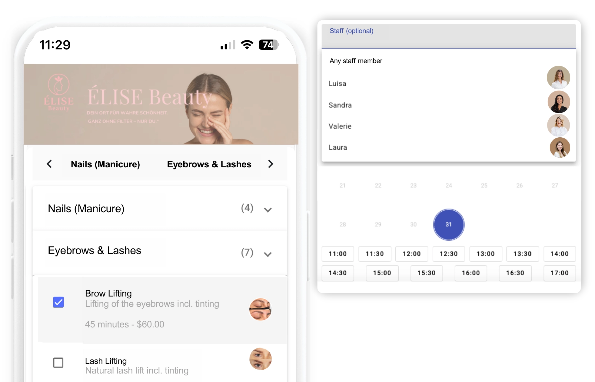 Customizable online booking page for salons with staff photos, services & branding