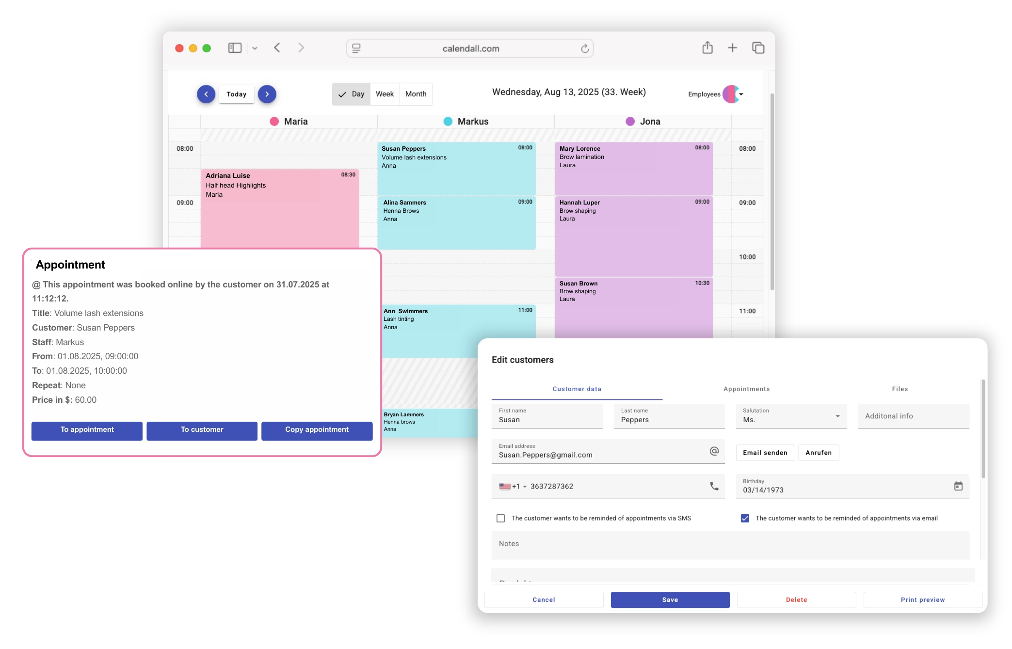 Digital salon calendar with online booking and client records connected