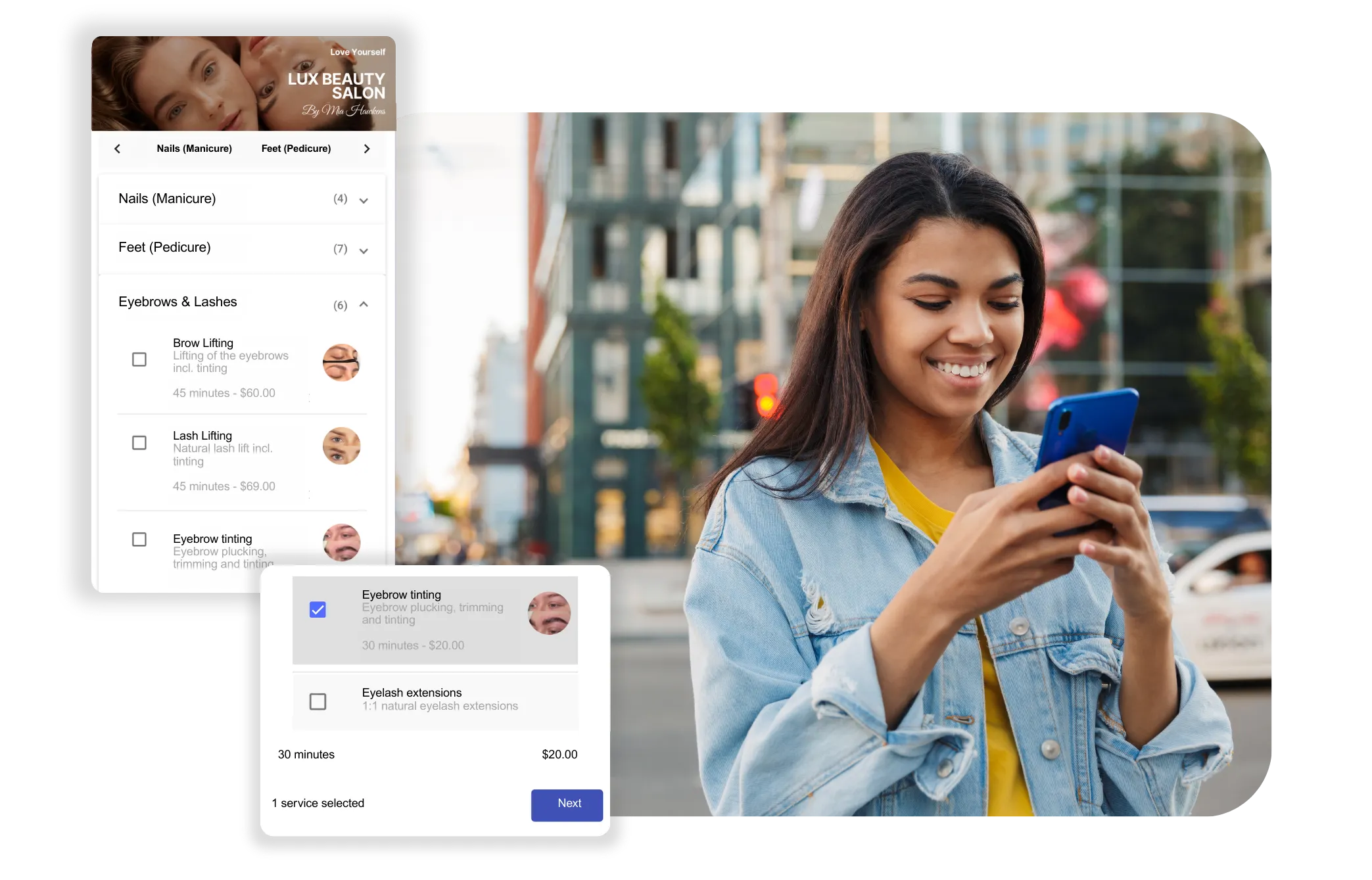 Woman booking a beauty salon appointment online with 24/7 booking software on her smartphone