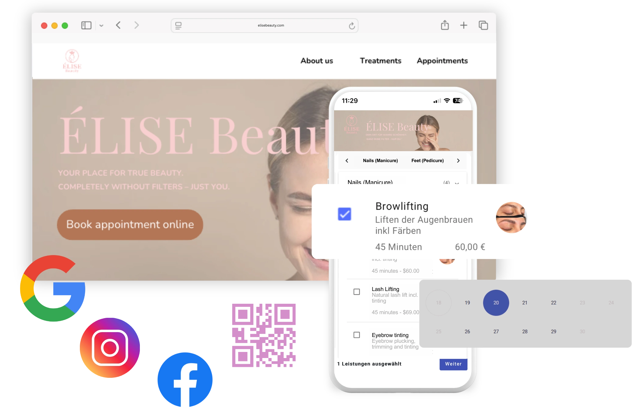 Salon booking software with online appointments via website, Google, Instagram & Facebook